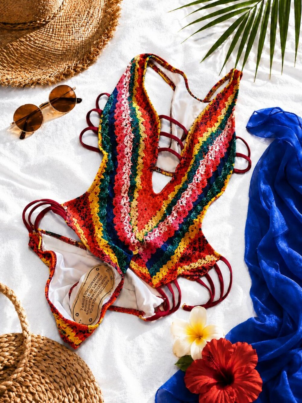 Crochet Look Rainbow Monokini One Piece Swimsuit Cutout Strappy Beachwear Size L - Picture 6 of 9